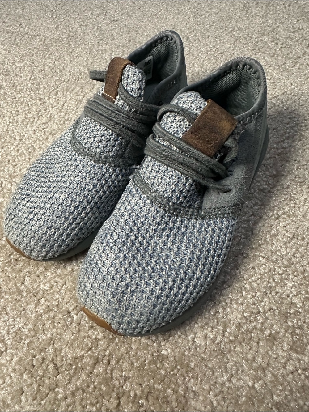 Kids New Balance Grey Knit Slip-On Sneakers with Brown Accent